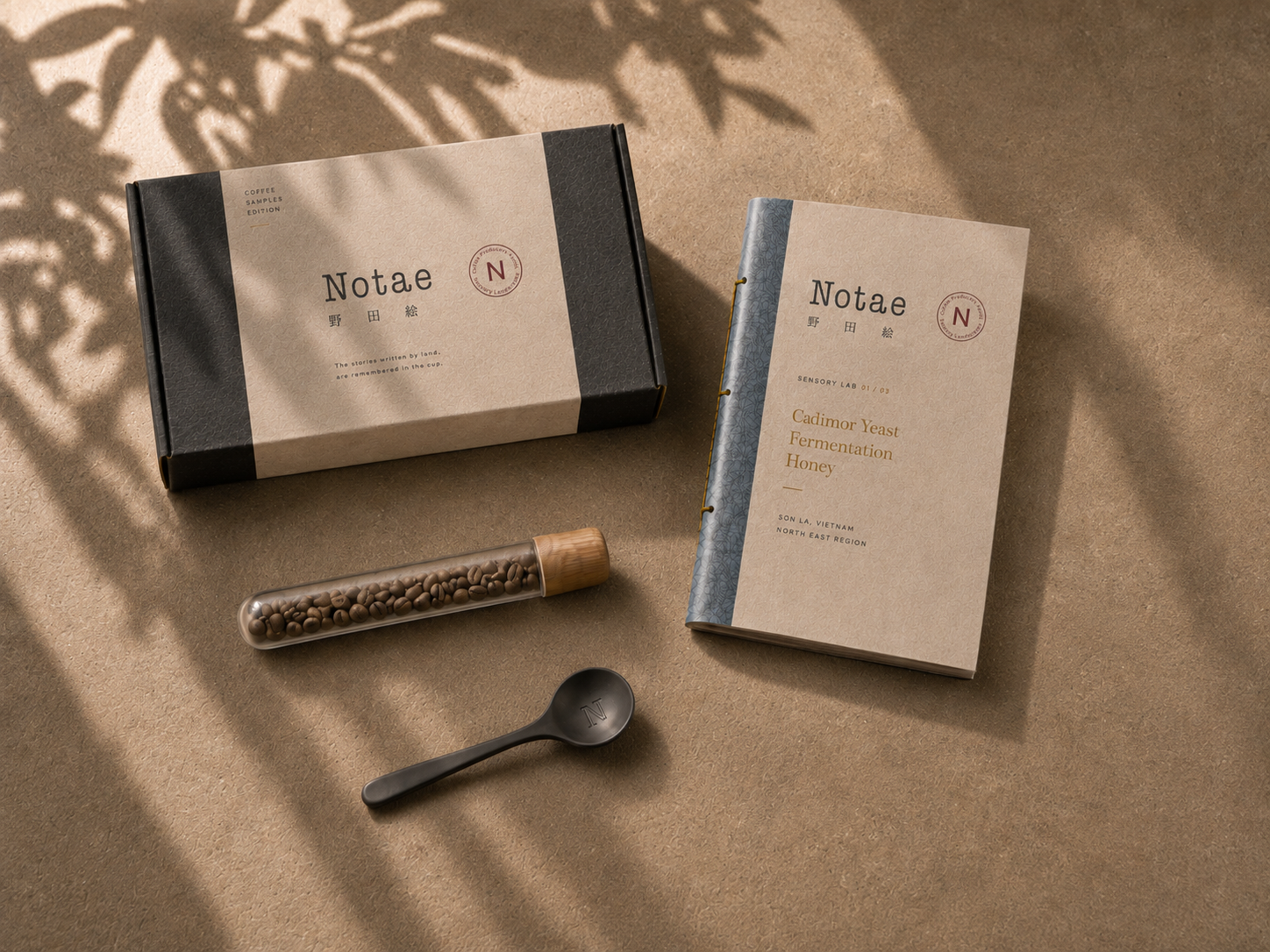 NOTAE coffee sample box and sensory notebook arranged with coffee beans in warm natural light