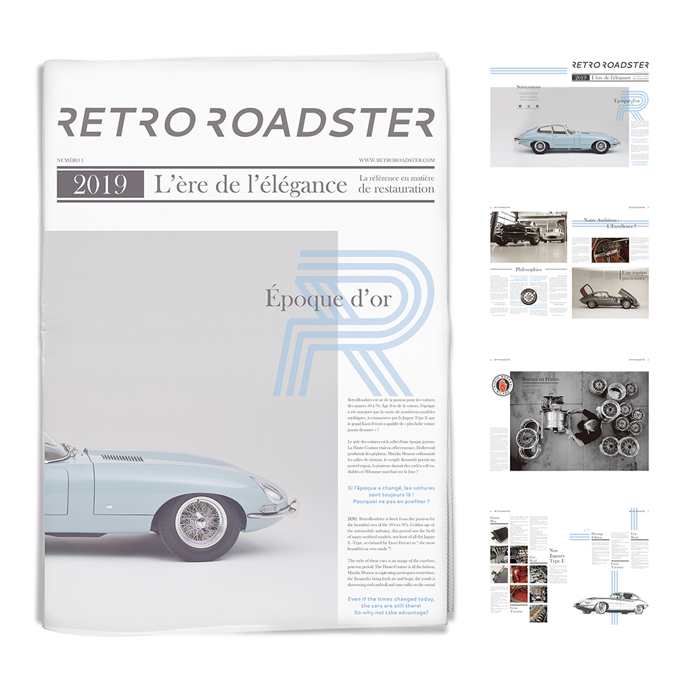 RetroRoadster newspaper cover and editorial spreads for the Jaguar E-type project